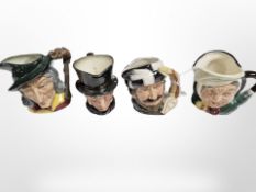 Four Royal Doulton miniature Character jugs including Pied Piper, The Trapper, etc.