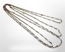 A Continental yellow gold and pearl long guard chain, length 150cm, 23.7g.