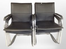 A set of six contemporary chrome and black leather stackable armchairs, each 57cm wide.