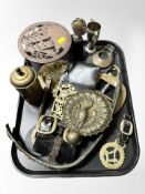 A group of horse brasses and other wares, trivet, plated trophy cups, etc.