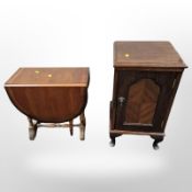 An early 20th century mahogany pot cupboard and a reproduction yew wood drop leaf table
