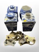Four Ringtons blue and white caddies, and a group of brass furniture handles.
