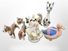 A group of ceramics including Italian cat figure, large duck, Italian dancing figure,