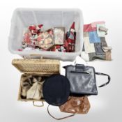 A wicker box, assorted hang bags, carvings, air force cap,