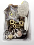 A pair of oak barley-twist candlesticks, further brass candlesticks, petrol glass dishes,