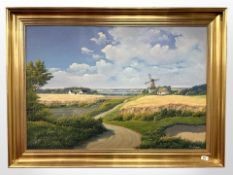 E. Birk : Sunny landscape with windmill, oil on canvas, signed, 66 cm x 96 cm, framed.