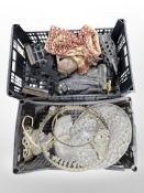 A group of pendant light fittings, cast iron cat door stop,