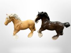 Two Beswick cantering shirehorses, palomino & brown, gloss, height 21 cm.