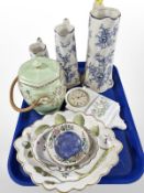A group of ceramics including graduated set of three transfer-printed blue and white jugs,