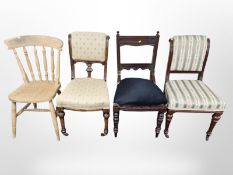 Three miscellaneous Victorian salon chairs and a pine kitchen chair