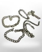 Five silver chains / bracelets, 129g.