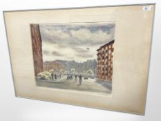 20'th Century Continental School : Cyclists, cars and pedestrians in a busy street,