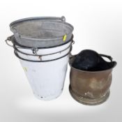 A Victorian copper coal bucket and four galvanized and enameled buckets