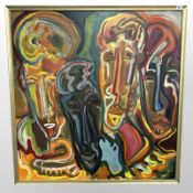 20th Century Continental School : Grotesque study with four faces, oil on board,