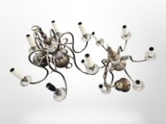 Two continental brass six branch chandeliers