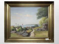 Svend Lynde : Coastal landscape with buildings and bay, oil on canvas, signed, 40 cm x 50 cm,