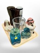 Twp Mdina glass vases, assorted studio pottery wares including Cornish vase,