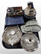 A soapstone carving of elephants, pewter chamber stick, silver-plated dishes, dominoes, bridge set,