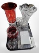 A Waterford Crystal picture frame and assorted vases and bowls.
