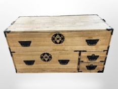 A metal bound oak two drawer low chest,