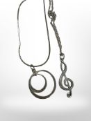 Two silver necklaces including one Welsh with silver treble clef pendant and one with double ring