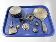 A group of miscellaneous silver items including ring box, dressing table mirror, cigarette box,