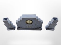 An Art Deco blue ceramic clock garniture set,