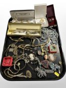 A collection of gold-plated costume jewellery, cameo brooches, bead necklaces, lady's wristwatch,