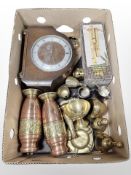 Assorted copper and brass wares, Art Deco mantel clock (as found), silver-plated wares,
