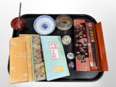 A group of oriental wares including Japanese chop sticks in lacquered box, Japanese paper envelopes,