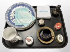 A group of Royal commemorative plates, Limoges coffee can, saucer and trinket box,