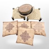 A Victorian bead work footstool, wicker basket,