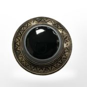 A 15ct gold black enamel memoriam brooch, diameter 30 mm.