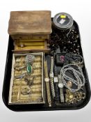 A group of lady's wristwatches, bead necklaces, dress rings and other costume jewellery.