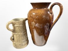 A large Denby treacle-glazed vase, height 35cm, and a further pottery vase.