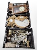 A group of contemporary lamp bases, early 20th-century and later mantel and wall clocks, barometer.