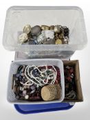 Four small boxes of mixed contemporary costume jewellery, bead necklaces, faux pearls, etc.