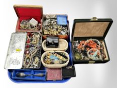 A group of jewellery boxes containing a large quantity of assorted costume jewellery, dress rings,