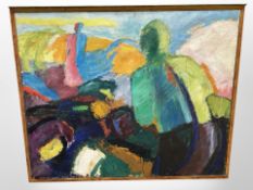 20'th Century School : Abstract study with green man, oil on canvas, 100 cm x 122 cm, framed.