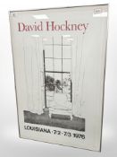 An exhibition poster printed in red and black : David Hockney, Louisiana - 1976, 85 cm x 57 cm,