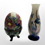 An Old Tupton Ware vase and trinket box in the form of an egg, tallest 16cm.