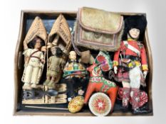 An embroidered twin handled drinks tray and a group of Native American dolls, moccasins, satchel ,