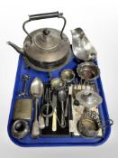 A silver plated kettle and burner, cutlery, cigarette box, salts, sauce boat,