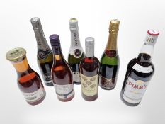 Seven various bottles of alcohol including Martini, Pimms, Prosecco, Brut Cava, etc.