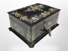 A Victorian papier maché and mother of pearl inlaid work box, with key and interior contents,