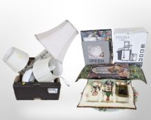 A group of contemporary table lamps, kitchen juicer,