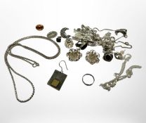 A collection of silver and white metal jewellery, 93g.