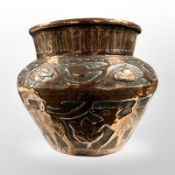 A Middle Eastern engraved copper vessel, height 16cm.
