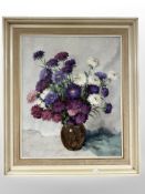 20th Century School : Still life with flowers in a vase, oil on canvas, 60 cm x 50 cm, framed.