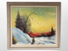 20th Century Danish School : Winter landscape at sunset, oil on canvas, 60 cm x 70 cm, framed.